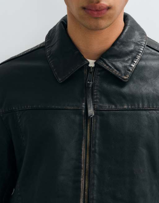 AllSaints Oakland veste en cuir zippée noir/marron, 4 de 5