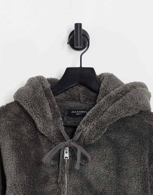 AllSaints - Oaxen - Felpa in pile borg grigia con cappuccio e zip, 4 di 4