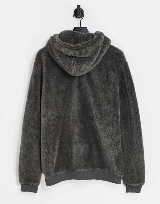 AllSaints - Oaxen - Grå fleece-hættetrøje med lynlås i imiteret lammeskind, 3 af 4