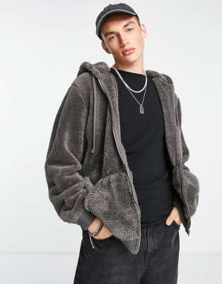 Allsaints oaxen borg fleece zip through hoodie in grey - ASOS Price Checker