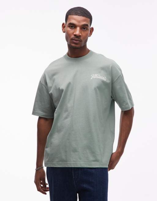 AllSaints Odyssey graphic logo t-shirt with back and chest prints in light green, 3 of 5