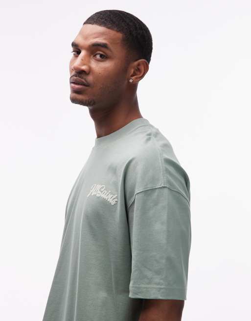 AllSaints Odyssey graphic logo t-shirt with back and chest prints in light green, 4 of 5