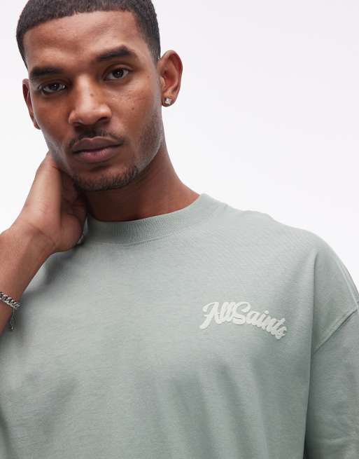 AllSaints Odyssey graphic logo t-shirt with back and chest prints in light green, 5 of 5