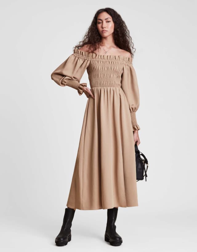 AllSaints off shoulder maxi dress with shirred body in sand