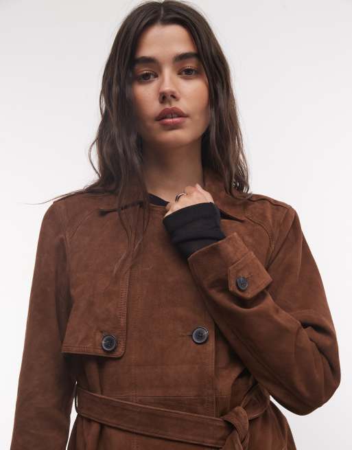 AllSaints Okana cropped suede leather belted trench coat in brown, 2 of 4