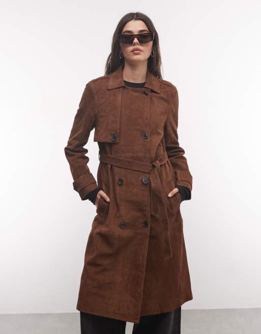 AllSaints Okana cropped suede leather belted trench coat in brown, 3 of 4