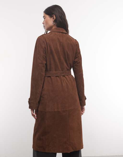 AllSaints Okana cropped suede leather belted trench coat in brown, 4 of 4