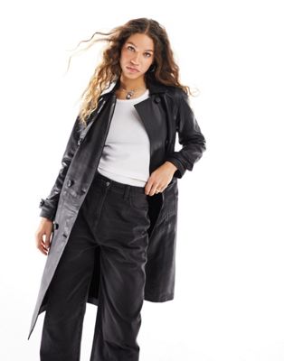 AllSaints Okena leather trench belt jacket in black - ASOS Price Checker