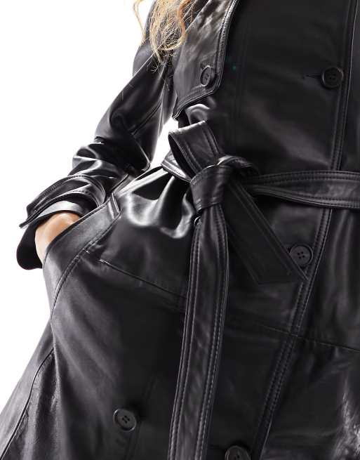 AllSaints - Okena - Leren trenchcoat met riem in zwart, 2 van 4