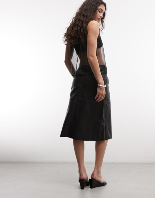 AllSaints Olivia jupe midi en cuir d'agneau noire/marron, 5 de 5