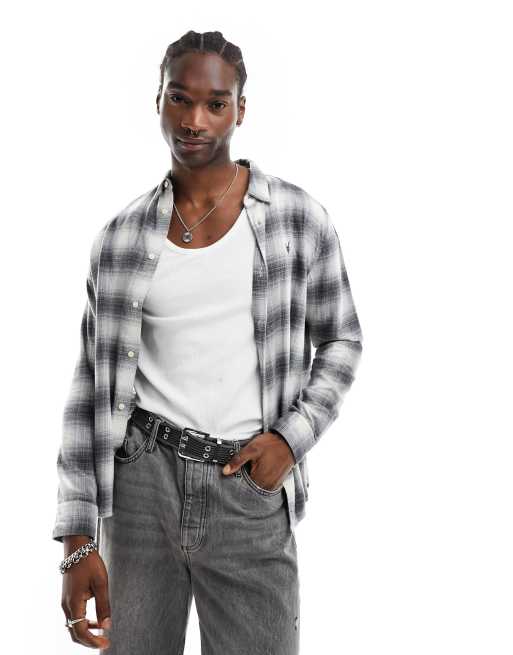 AllSaints Omega long sleeve shirt in gray check ASOS