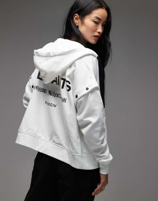 AllSaints - Omnium Amphia - Felpa con cappuccio bianca con logo e maniche rimovibili, 2 di 4