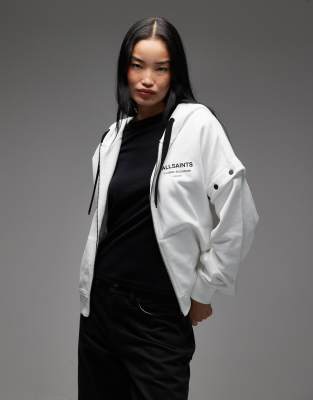 AllSaints - Omnium Amphia - Kapuzenpullover in Weiß mit Logo und abnehmbaren Ärmeln