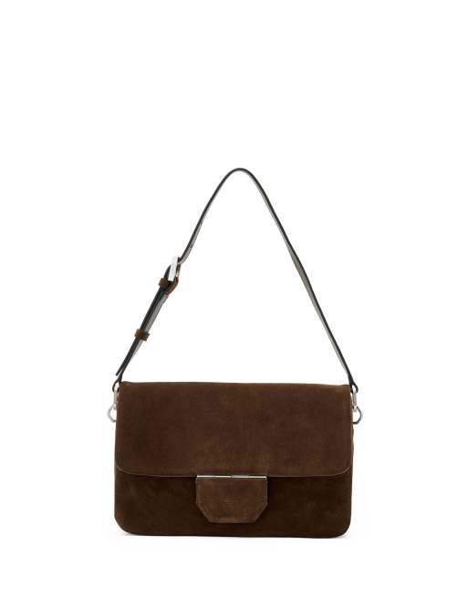 AllSaints – Ondine – Schultertasche aus Wildleder in Fango-Braun