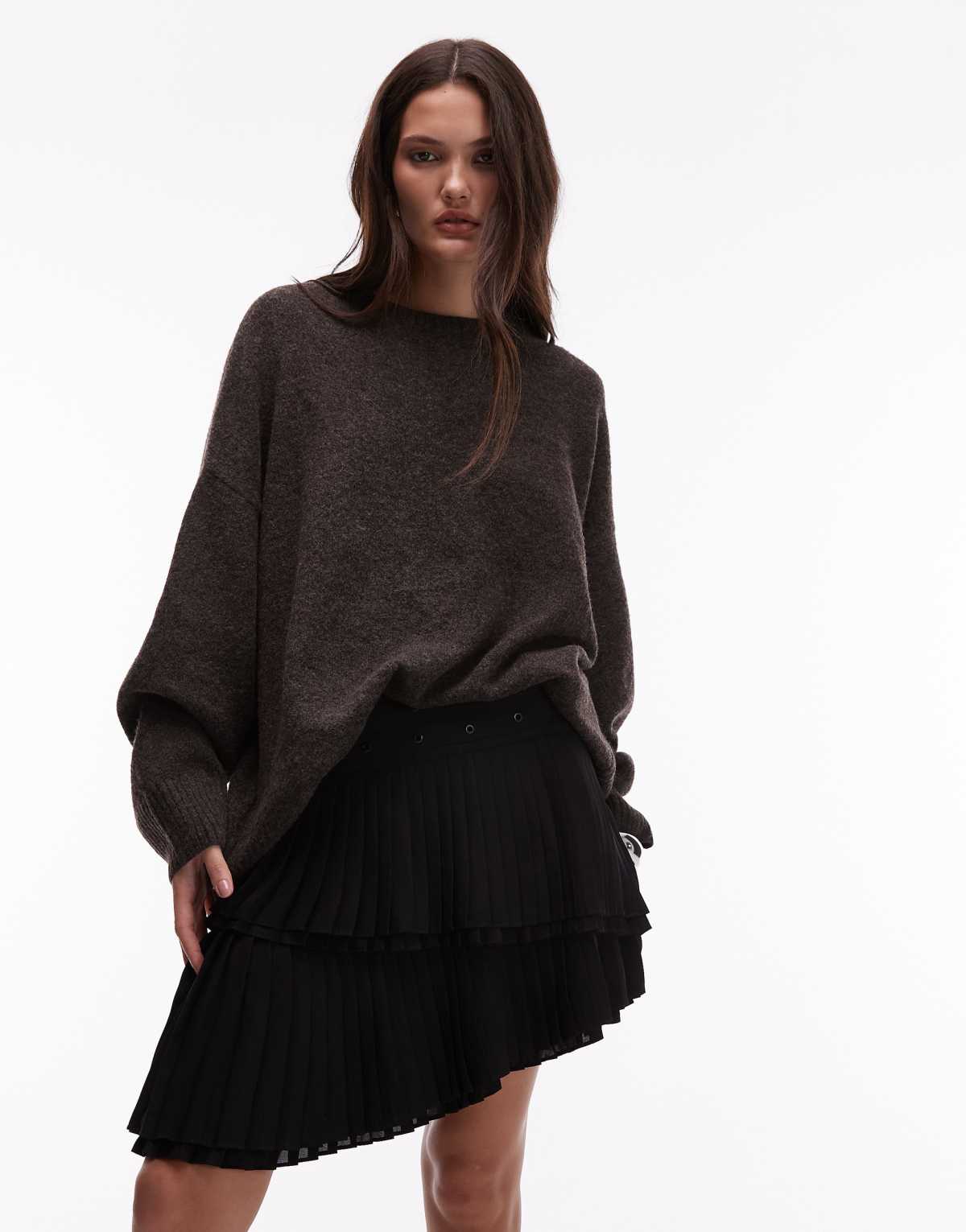 Allsaints Oona pleated mini skirt with eyelet waistband in black - BLACK