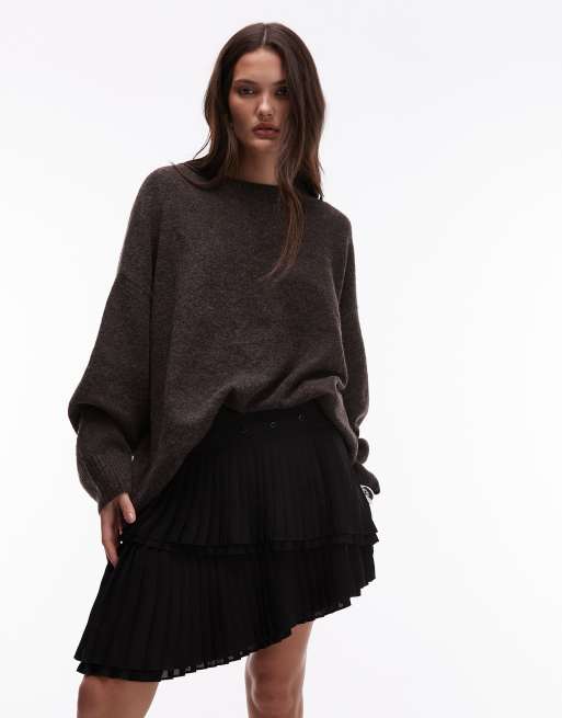 Allsaints Oona pleated mini skirt with eyelet waistband in black - BLACK