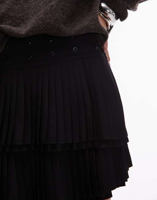 Allsaints Oona pleated mini skirt with eyelet waistband in black, 4 of 5