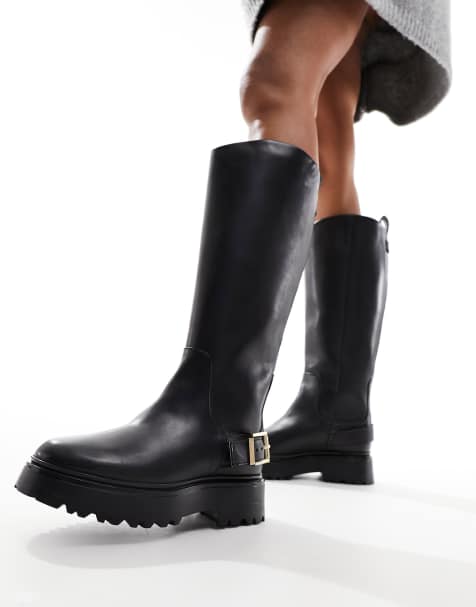 Plain black leather knee cheap high boots