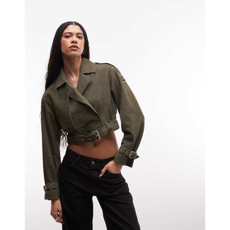 AllSaints Ophelia cropped suede leather jacket with belt detail in