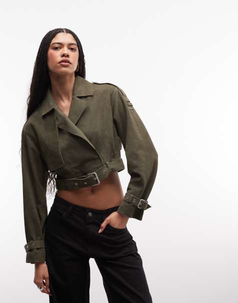 AllSaints – Ophelia – Krótka zamszowa kurtka z paskiem w kolorze khaki - view 1