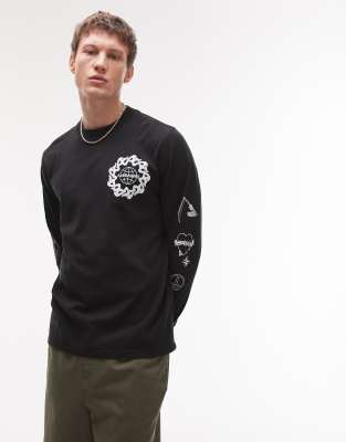 AllSaints AllSaints Orbital patch graphic long sleeve t-shirt in washed black