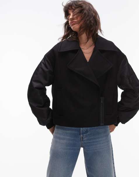 AllSaints Orla crop wool blend bomber coat in black - view 1