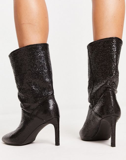 AllSaints Orlana leather shimmer pull on heeled boots in black