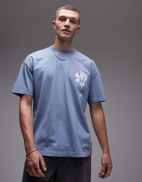 AllSaints – Orlando – Blå, stentvättad t-shirt med tryck baktill - view 1