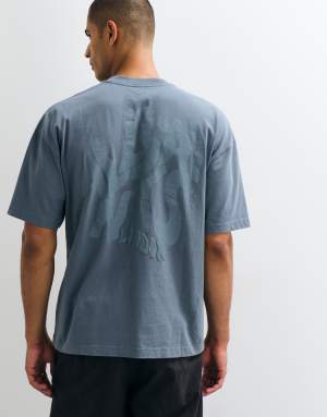 AllSaints Orlando cotton short sleeve graphic logo t-shirt with back print in light blue
