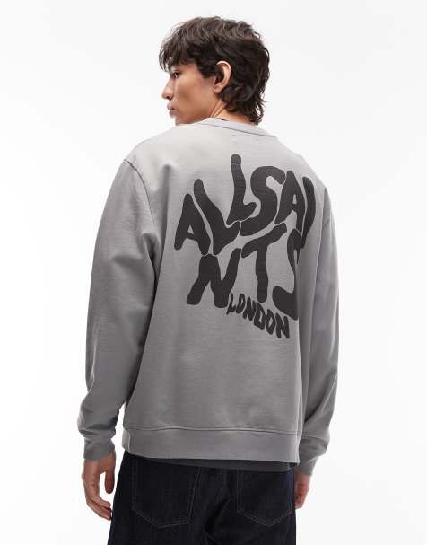 Allsaints Orlando crew neck sweatshirt with black back graphic in dark gray - view 1