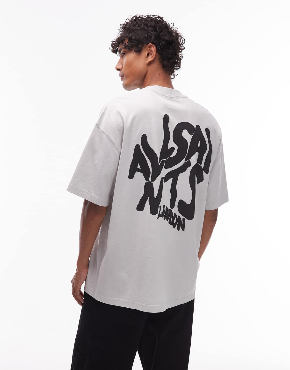 AllSaints Orlando graphic logo t-shirt with back print in grey