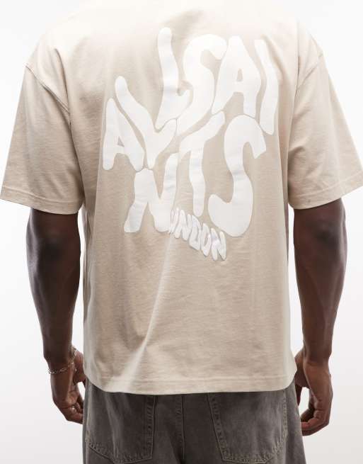 AllSaints Orlando logo t-shirt with back print in light brown, 3 of 5