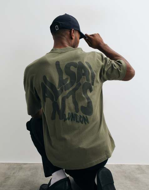 AllSaints Orlando short sleeve graphic logo t-shirt with back print in dark green - view 1