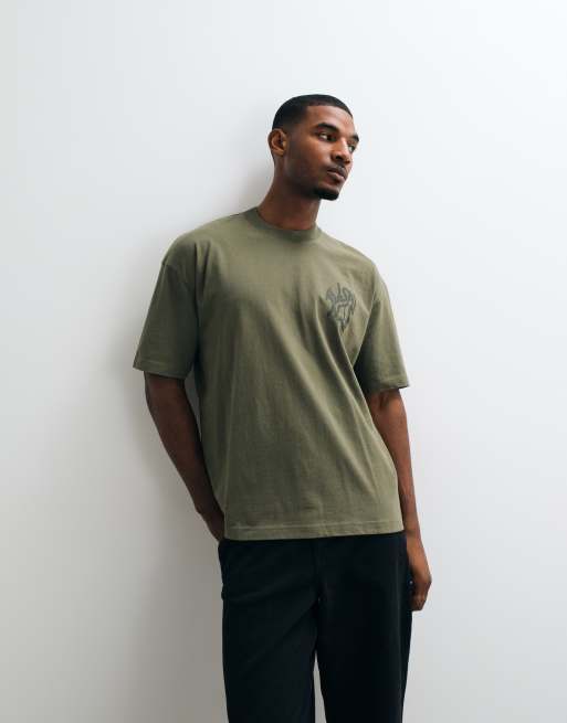 AllSaints Orlando short sleeve graphic logo t-shirt with back print in dark green, 2 of 5