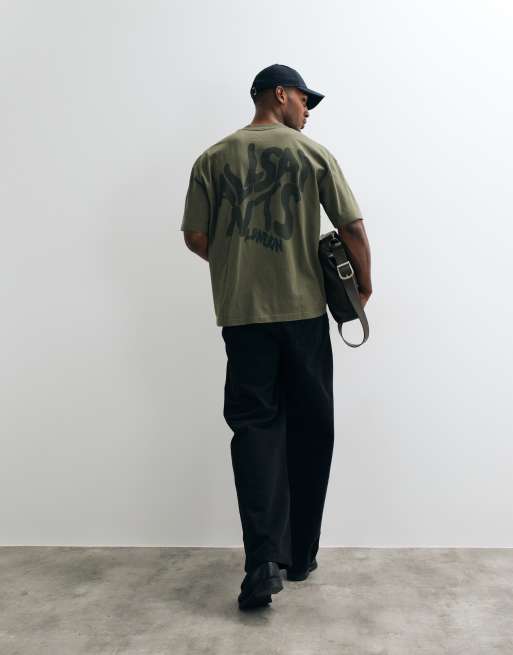 AllSaints Orlando short sleeve graphic logo t-shirt with back print in dark green, 3 of 5