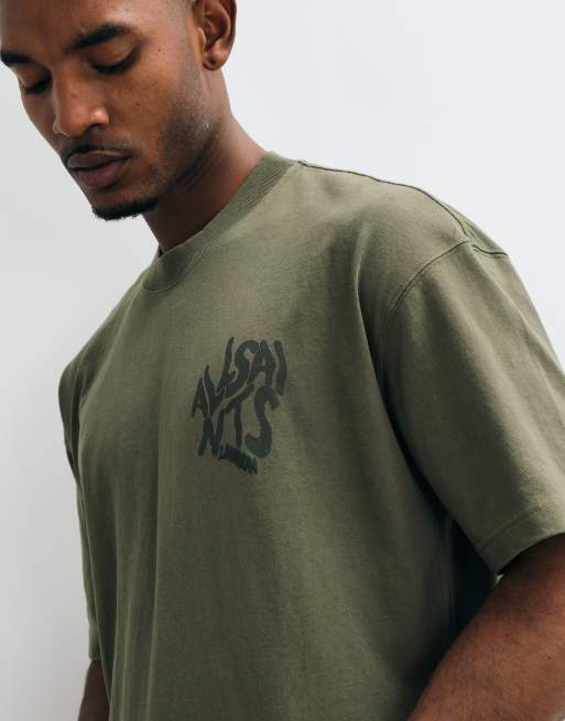 AllSaints Orlando short sleeve graphic logo t-shirt with back print in dark green, 4 of 5