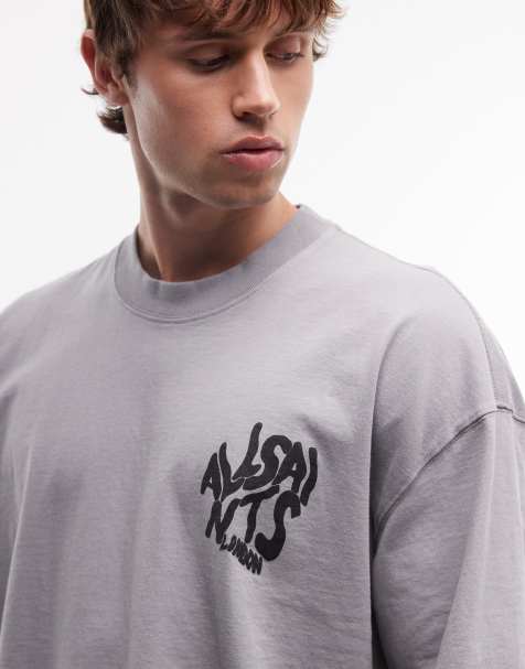 AllSaints – Orlando – T-Shirt in Hellgrau mit Logo und Rückenprint - view 1