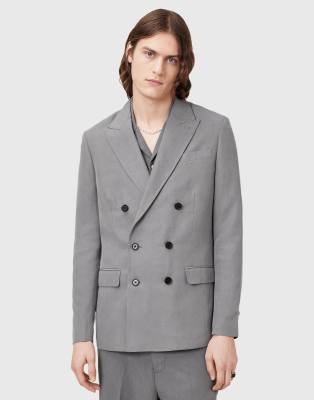 Allsaints Orpheus double breasted tailored blazer in light grey – GREY