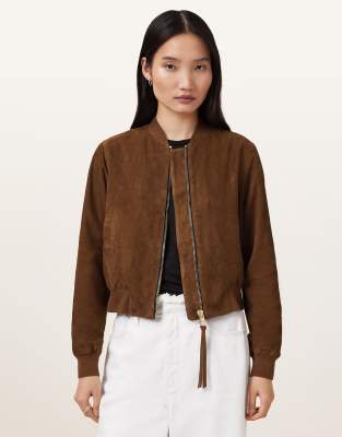 AllSaints - Orten - Bomberjacke aus Wildleder in Cognac-Braun
