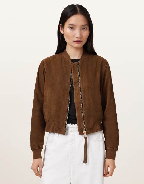 AllSaints – Orten – Bomberjacke aus Wildleder in Cognac-Braun - view 1