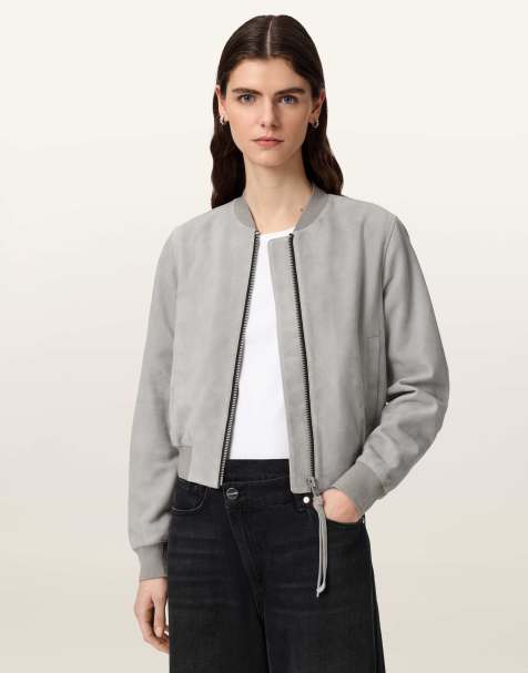 AllSaints – Orten – Bomberjacke aus Wildleder in Hellgrau - view 1