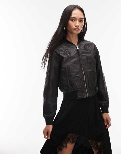 AllSaints - Orten - Leren bomberjack met 94-patch in zwart - view 1