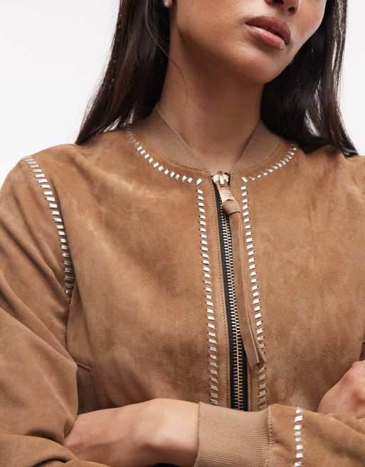AllSaints Orten Whip suede bomber jacket in light brown, 3 of 4