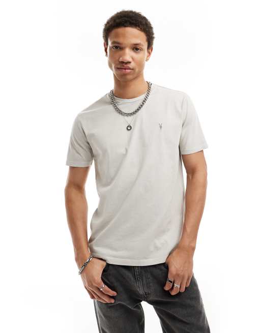 AllSaints – Ossage – T-Shirt in milchigem Grau mit Rundhalsausschnitt