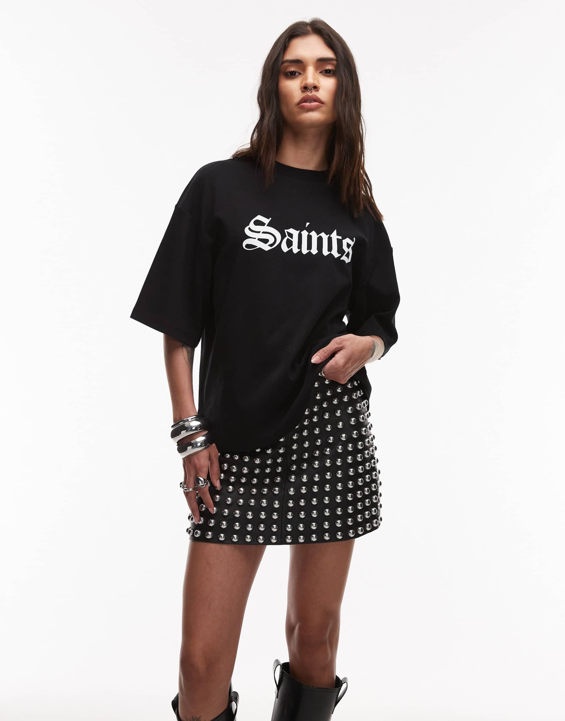 allsaints ottie quilt studded skirt in black
