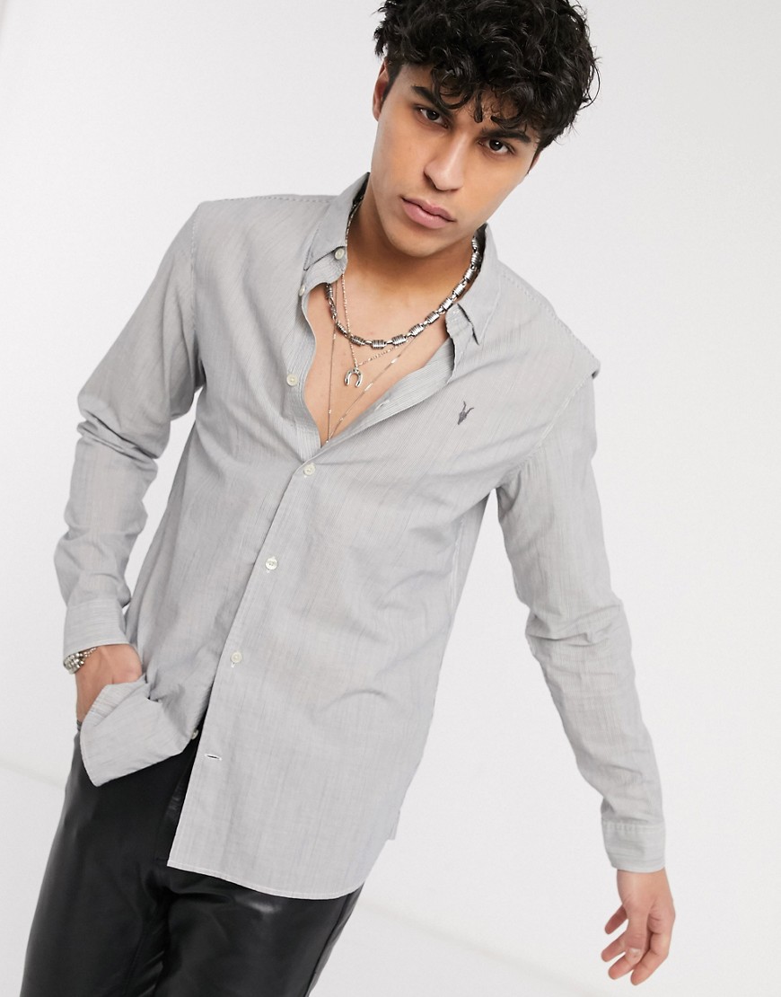 AllSaints - Overhemd met fijne strepen, lange mouwen en ramskoplogo in grijs
