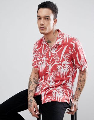 AllSaints - Overhemd met korte mouwen, reverskraag en Hawaiiaanse bloemenprint-Rood