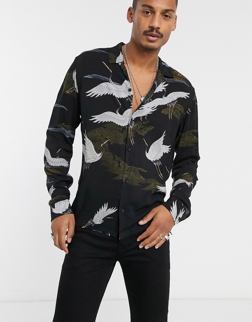 AllSaints - Overhemd met lange mouwen, reverskraag en kraanvogelprint in zwart