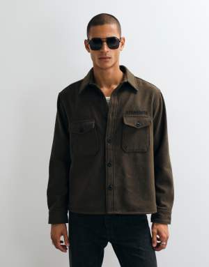 AllSaints Palermo long sleeve wool blend logo shacket in brown