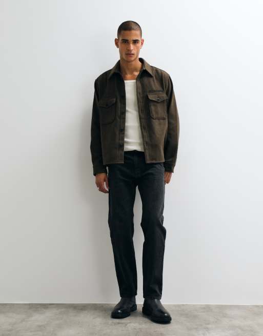 AllSaints Palermo long sleeve wool blend logo shacket in brown, 2 of 5